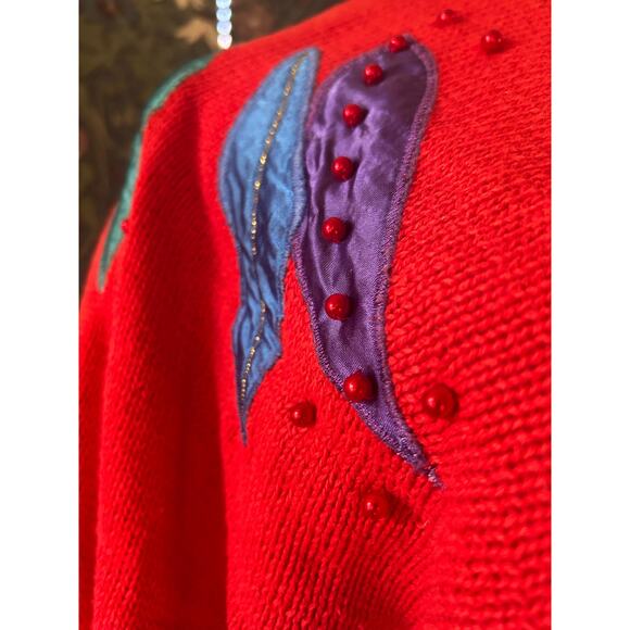 Vintage cotton blend sweater in red with embroideries, size M - Picture 3 of 7